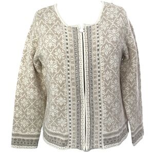 Coldwater Creek wool blend snow flake zipper beige tan long sleeve cardigan Sz L